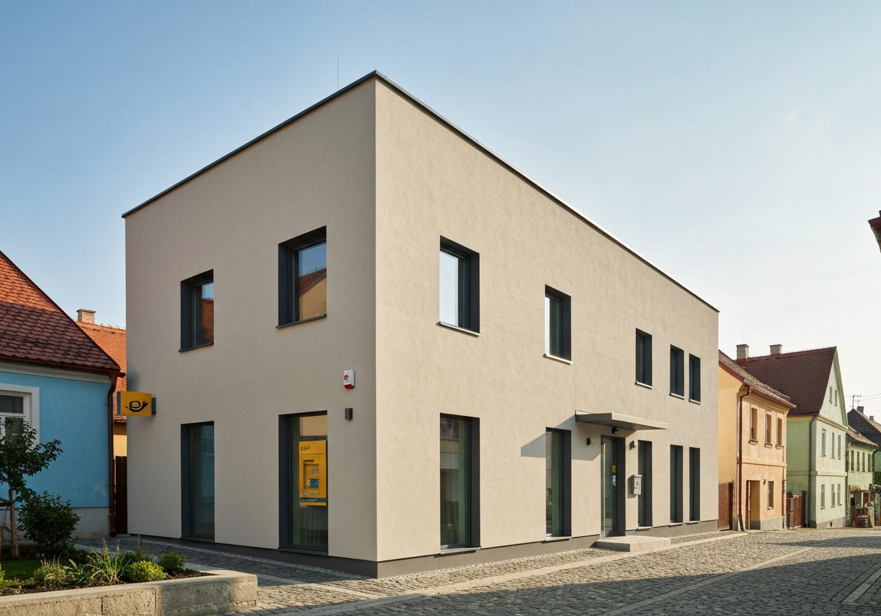 A professional exterior shot of a modern, well-maintained Czech Post branch building in a charming village setting, clean architectural lines, soft natural daylight, 85mm lens, high quality editorial photography, no text, no words, no letters
