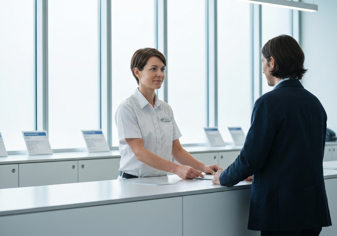 A professional postal worker helping a client at a modern, clean, and organized post office counter, soft natural light, editorial photography style, 85mm lens, minimalist interior design, no text, no words, no letters