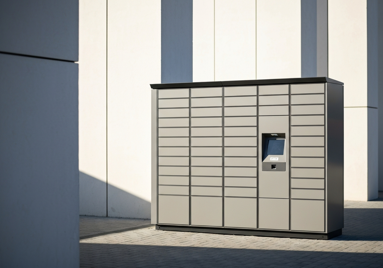 A modern, sleek automated parcel locker Z-BOX situated in a clean urban street environment in Sokolov, minimalist architectural design, soft natural daylight, depth of field, 85mm lens, professional photography, no text, no words, no letters.