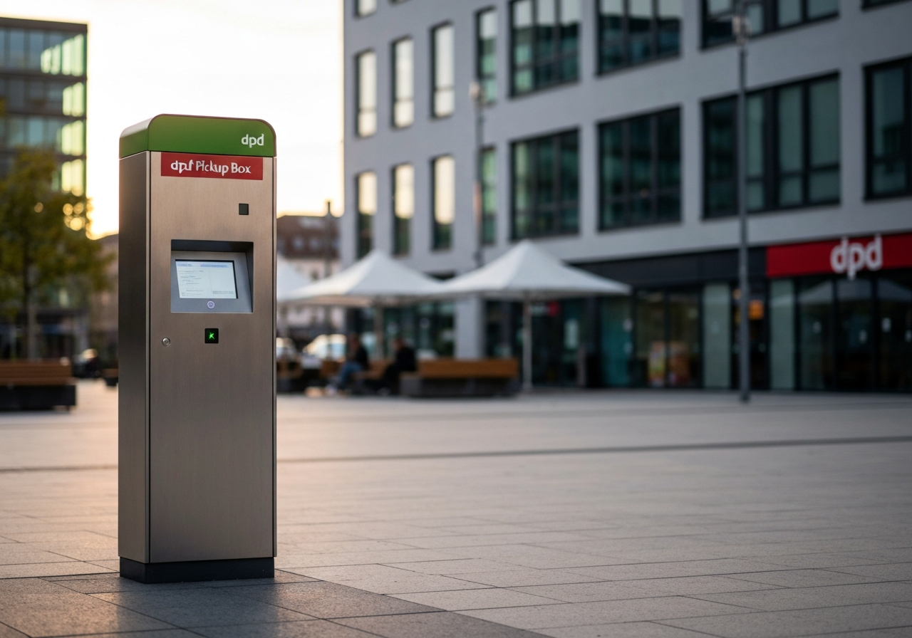 A sleek DPD Pickup Box station in a modern urban plaza during golden hour, editorial photography style, focus on the interface, shallow depth of field, 85mm lens, soft natural lighting, no text, no words, no letters.