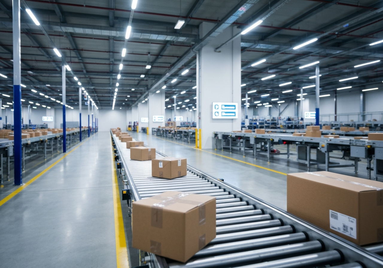 A modern logistics warehouse interior with organized parcels on conveyor belts, clean industrial aesthetic, premium lighting, shallow depth of field, 85mm lens, no text, no letters