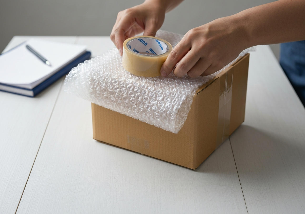 A professional cardboard shipping box being securely packed with protective bubble wrap and tape on a clean, modern wooden desk, editorial photography, soft natural light, 85mm lens, high-end logistics aesthetic, no text, no words, no letters.