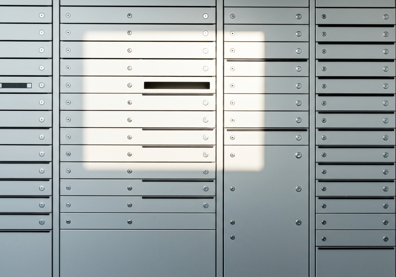 A professional, high-end close-up shot of a modern mailbox and postal sorting station, clean minimalist interior, soft natural light, 85mm lens, high resolution, no text, no letters.