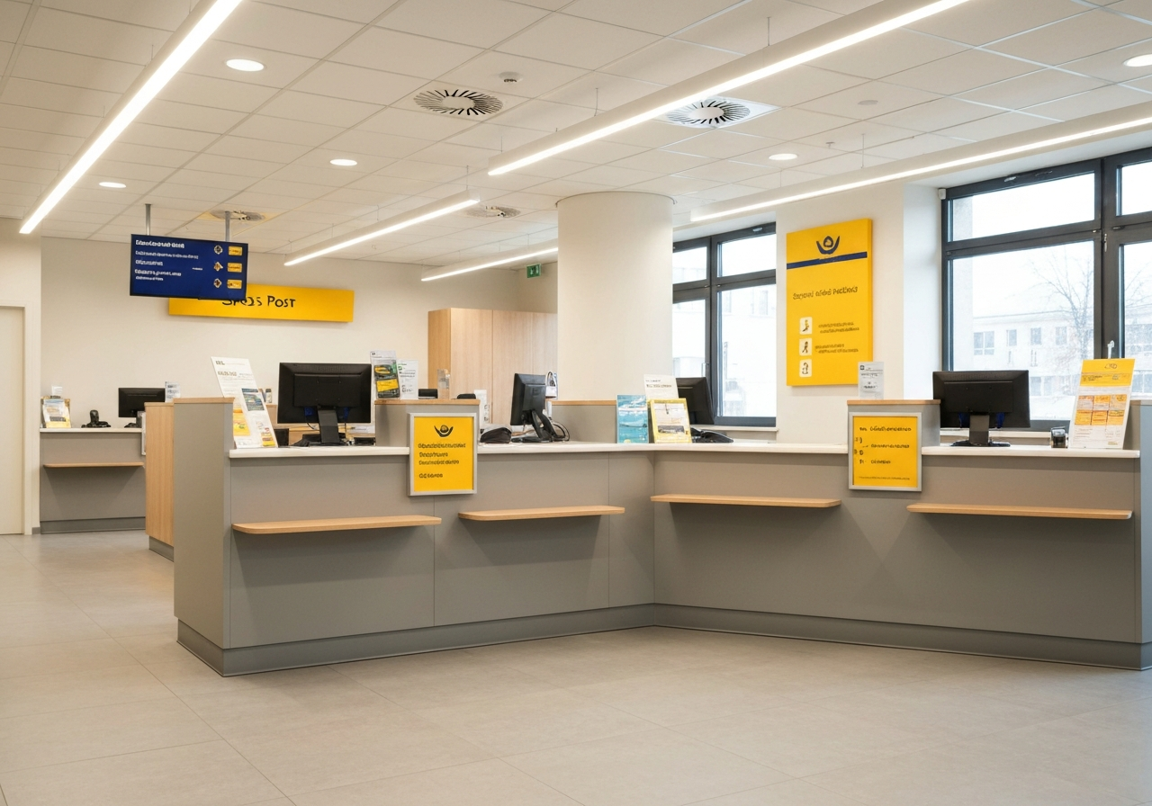 A professional, clean view of a modern Czech Post office branch interior with organized counters and signage, soft natural light, 85mm lens, editorial photography style, high quality, no text, no words, no letters.