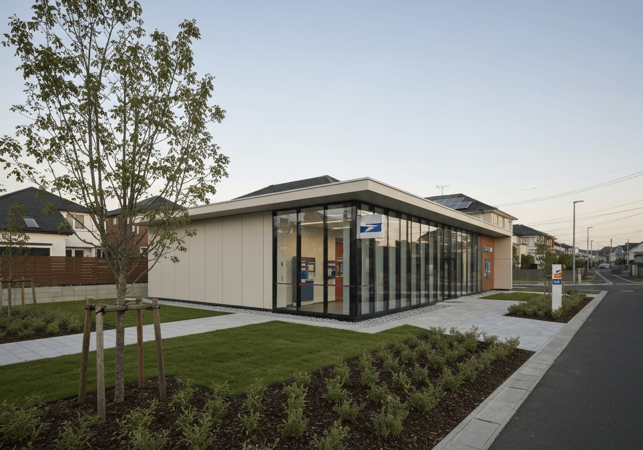 Modern exterior of a postal service branch in a residential neighborhood, clean urban architecture, soft natural morning light, cinematic editorial photography, 85mm lens, highly detailed, no text, no words, no letters