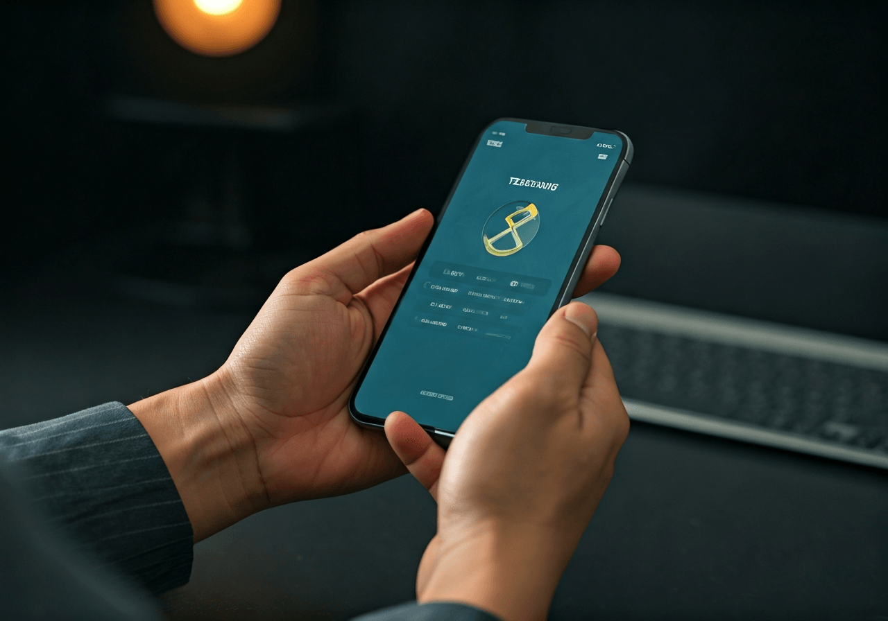 A professional hands holding a modern smartphone displaying a tracking app interface, in a clean minimalist logistics office, soft natural light, 85mm lens, high-end editorial photography, no text, no letters