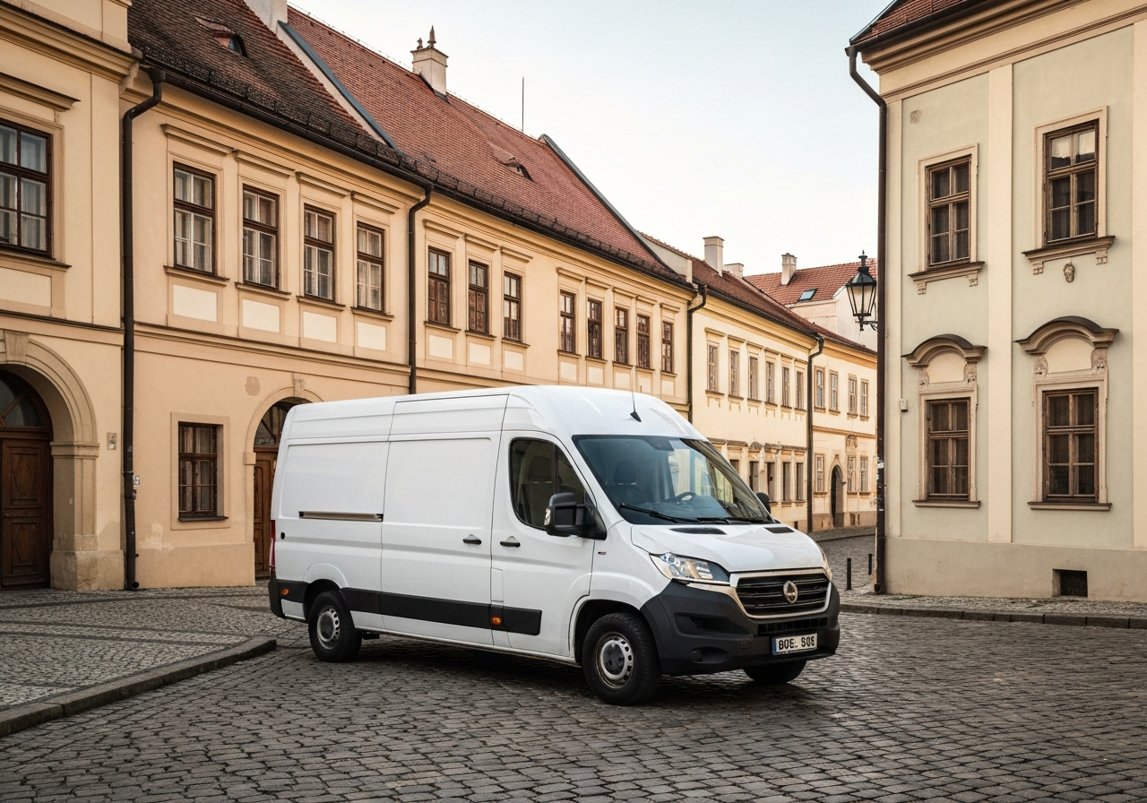 A modern logistics delivery van parked on a cobbled street in historic Trebic, clean urban environment, editorial photography, soft natural light, 85mm lens, highly detailed, no text, no words, no letters.