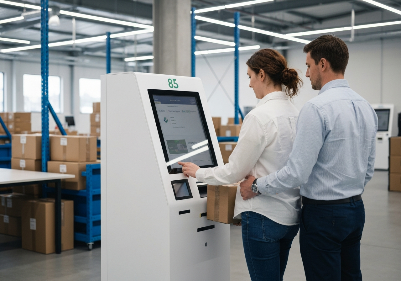 A professional logistics warehouse setting with a modern, clean desk, a customer dropping off a package at a digital kiosk, soft natural light, premium editorial style, 85mm lens, no text, no letters