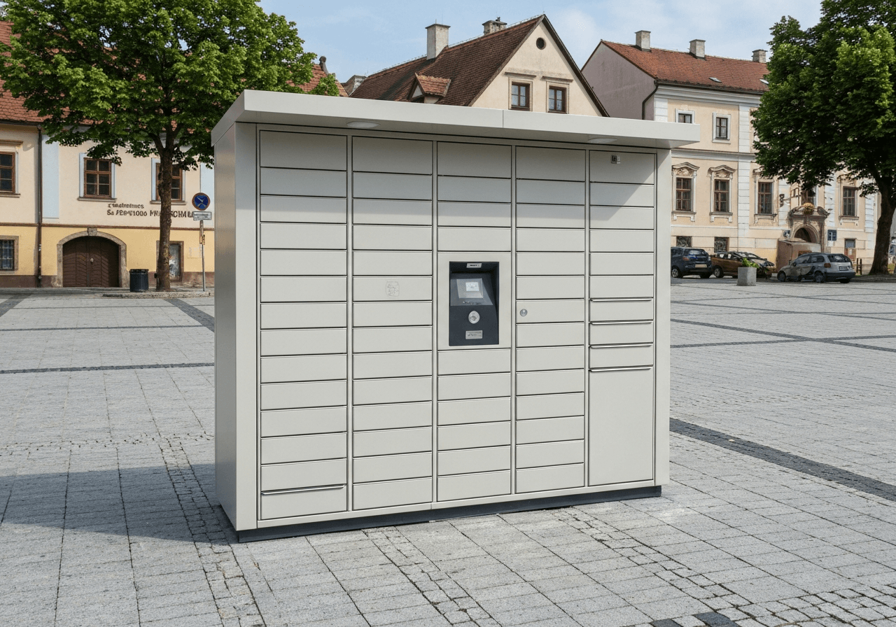 Zásilkovna Milevsko: Kompletní průvodce a pobočky 2026 2 A modern, minimalist Z-Box parcel locker in a scenic town square in Milevsko, South Bohemia, editorial photography, clean lines, soft natural daylight, 85mm lens, high resolution, no text, no letters