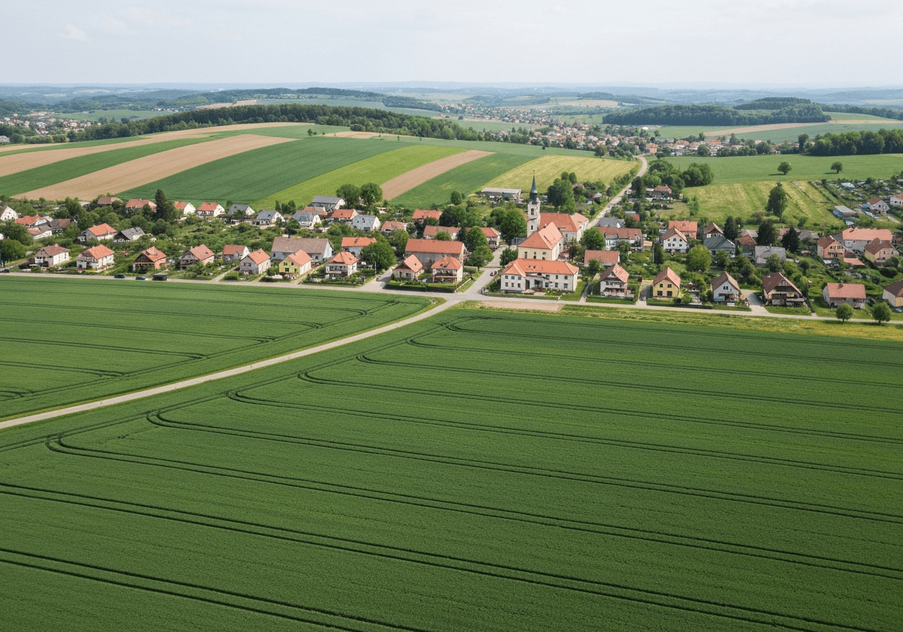 Aerial view of a picturesque Moravian village landscape, rolling hills and agricultural fields, soft natural light, editorial photography, 85mm lens, high resolution, no text, no letters