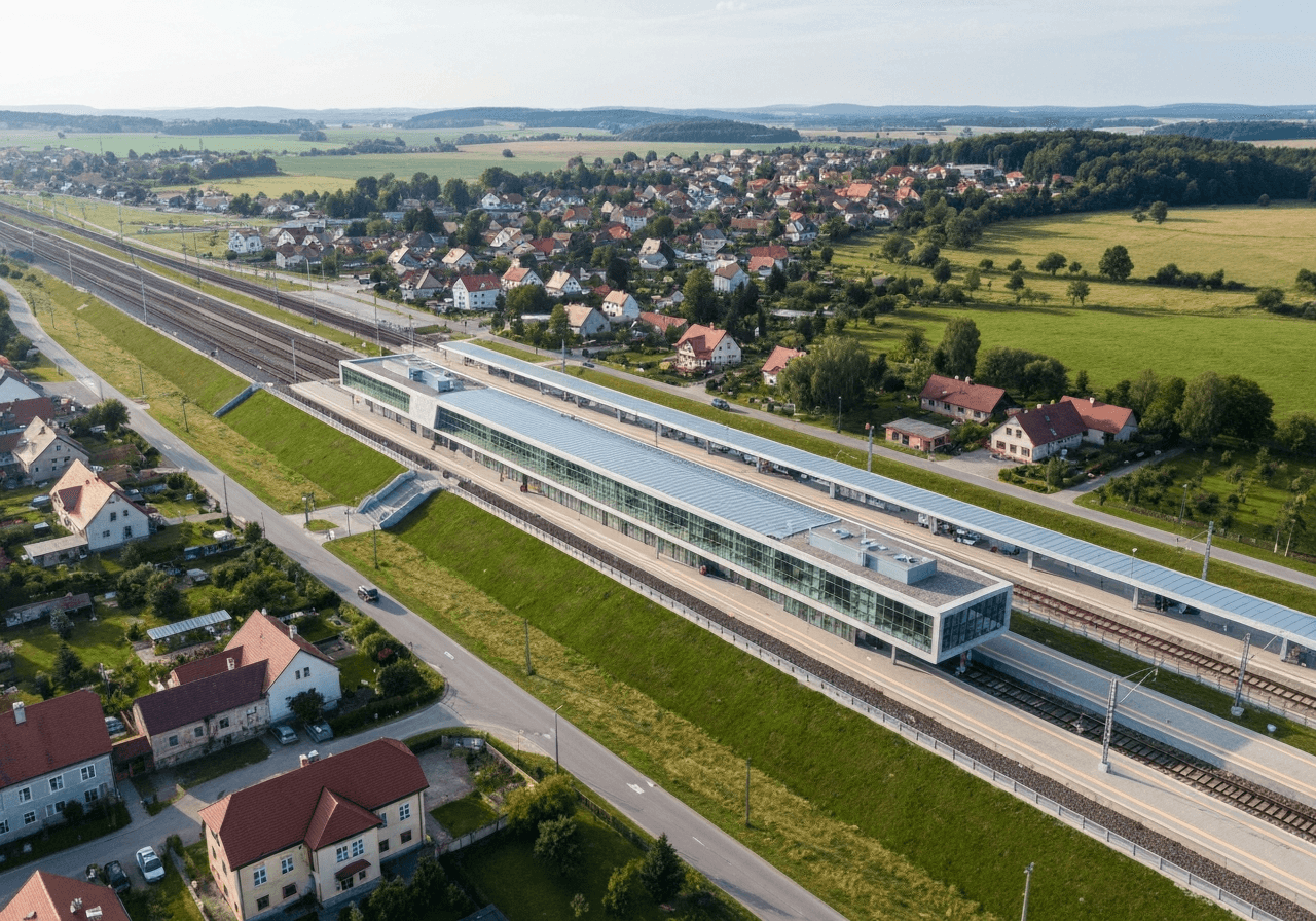 Aerial view of a modern railway station and infrastructure in a scenic Czech village, lush green surroundings, editorial style, crisp focus, 85mm lens, soft natural lighting, high resolution, no text, no words.