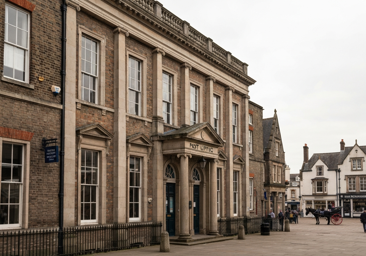 A professional exterior shot of a traditional post office building in a historic town square, soft natural light, architectural photography, 85mm lens, high resolution, no text, no letters