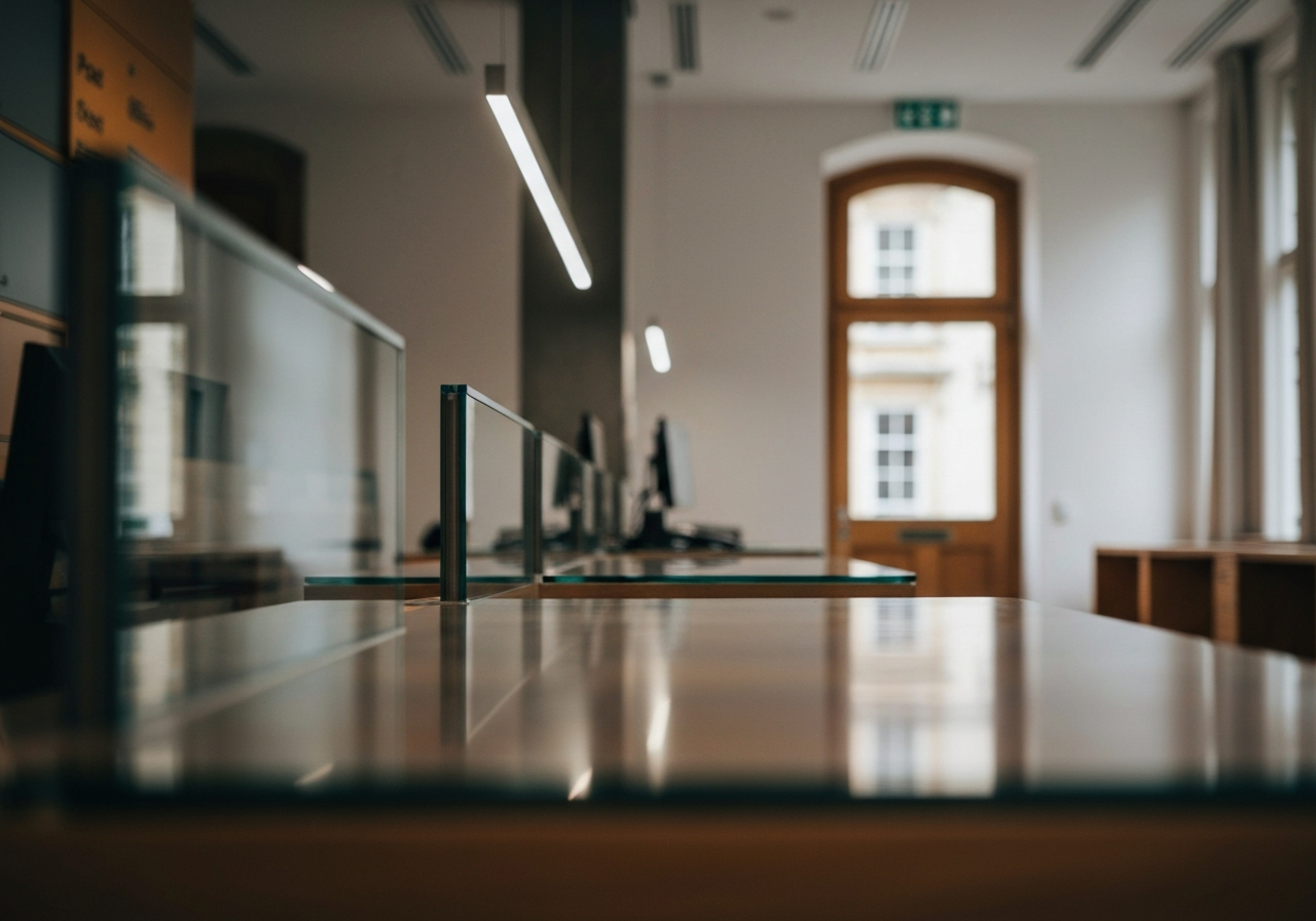 A professional, minimalist view of a modern post office service desk in a historic town, clean interior design, soft natural light reflecting on polished surfaces, 85mm lens, depth of field, premium editorial style, no text, no words, no letters
