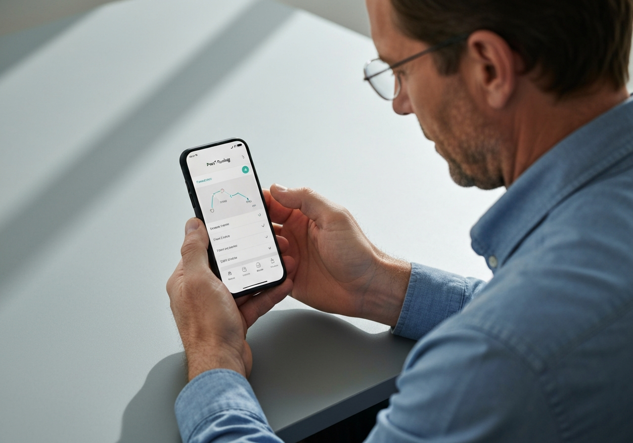 A close-up of a person holding a smartphone showing a parcel tracking app, clean minimalist desk background, modern interior, professional editorial style, soft natural light, 85mm lens, high resolution, no text, no letters