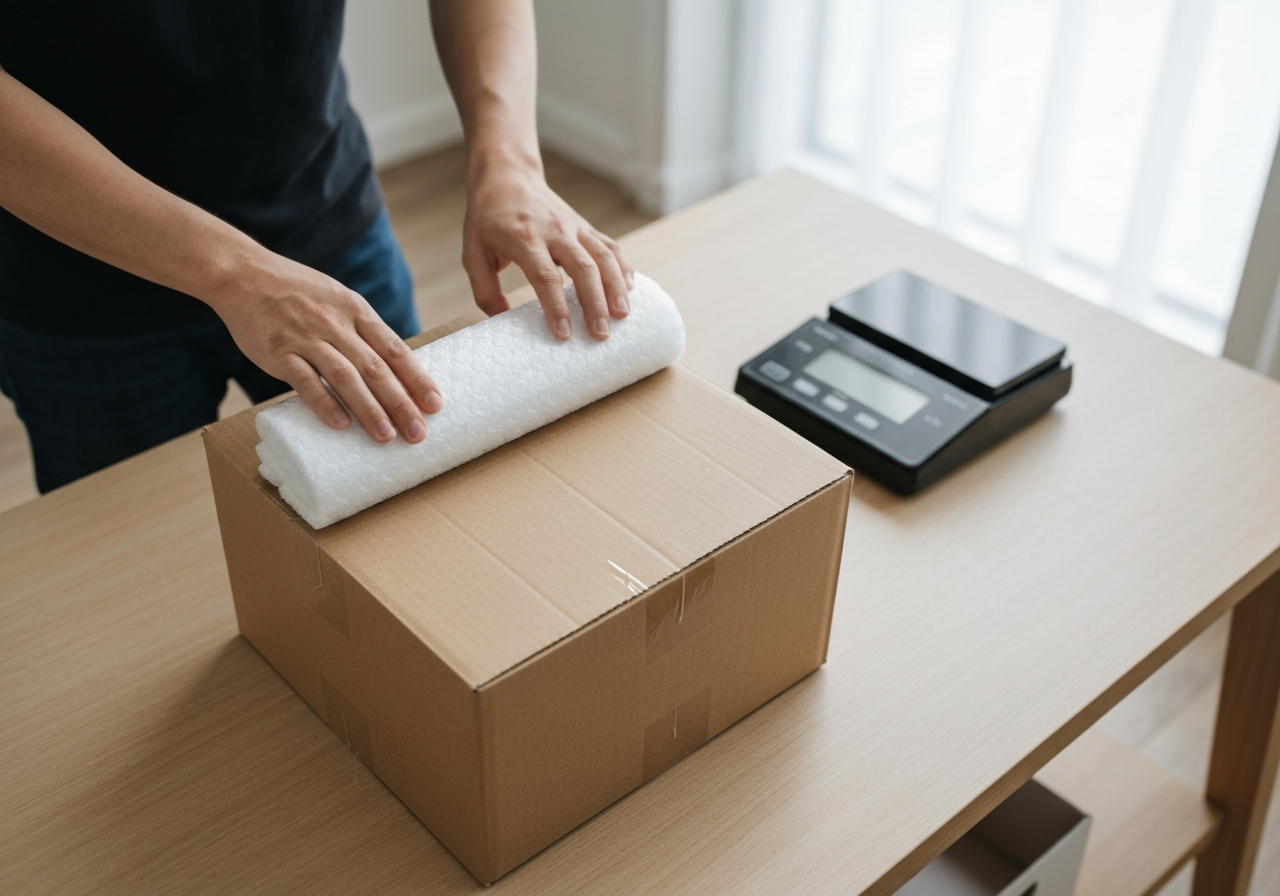 A minimalist, high-angle view of a cardboard shipping box being carefully packed with protective cushioning, a professional scale nearby, bright modern home office setting, editorial photography, soft natural light, 85mm lens, highly detailed, no text, no letters.