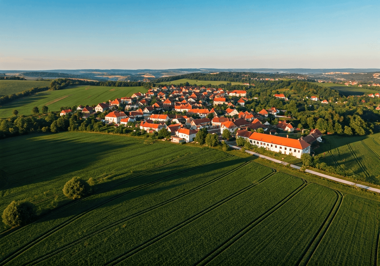 Aerial view of Tuchomerice village surrounded by green landscape near Prague, modern editorial photography, soft natural sunlight, clear skies, 85mm lens, sharp focus, no text, no words, no letters