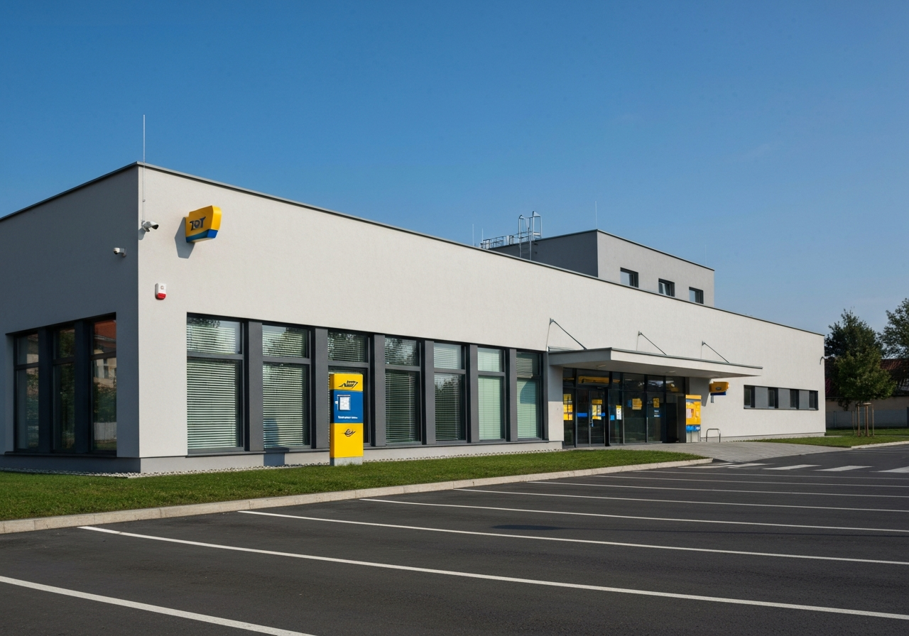 Exterior view of a modern Czech post office branch, clean architectural design, professional administrative aesthetic, soft natural daylight, high resolution, minimalist facade, 85mm lens, no text, no words, no letters