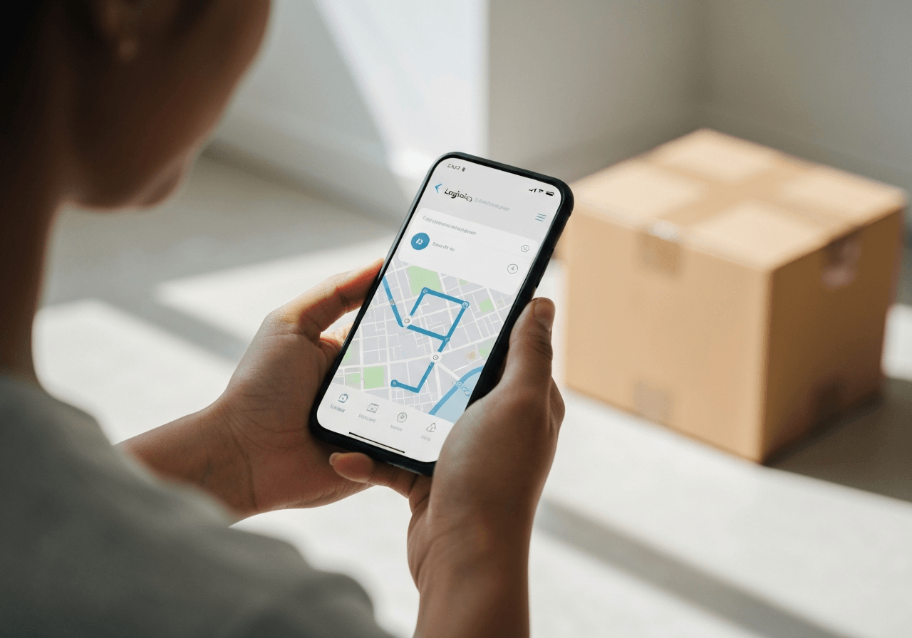 A close-up of a person's hands holding a smartphone displaying a logistics application interface, blurred cardboard box in the background, modern minimalist interior, editorial photography, soft natural light, 85mm lens, highly detailed, no text, no words, no letters.