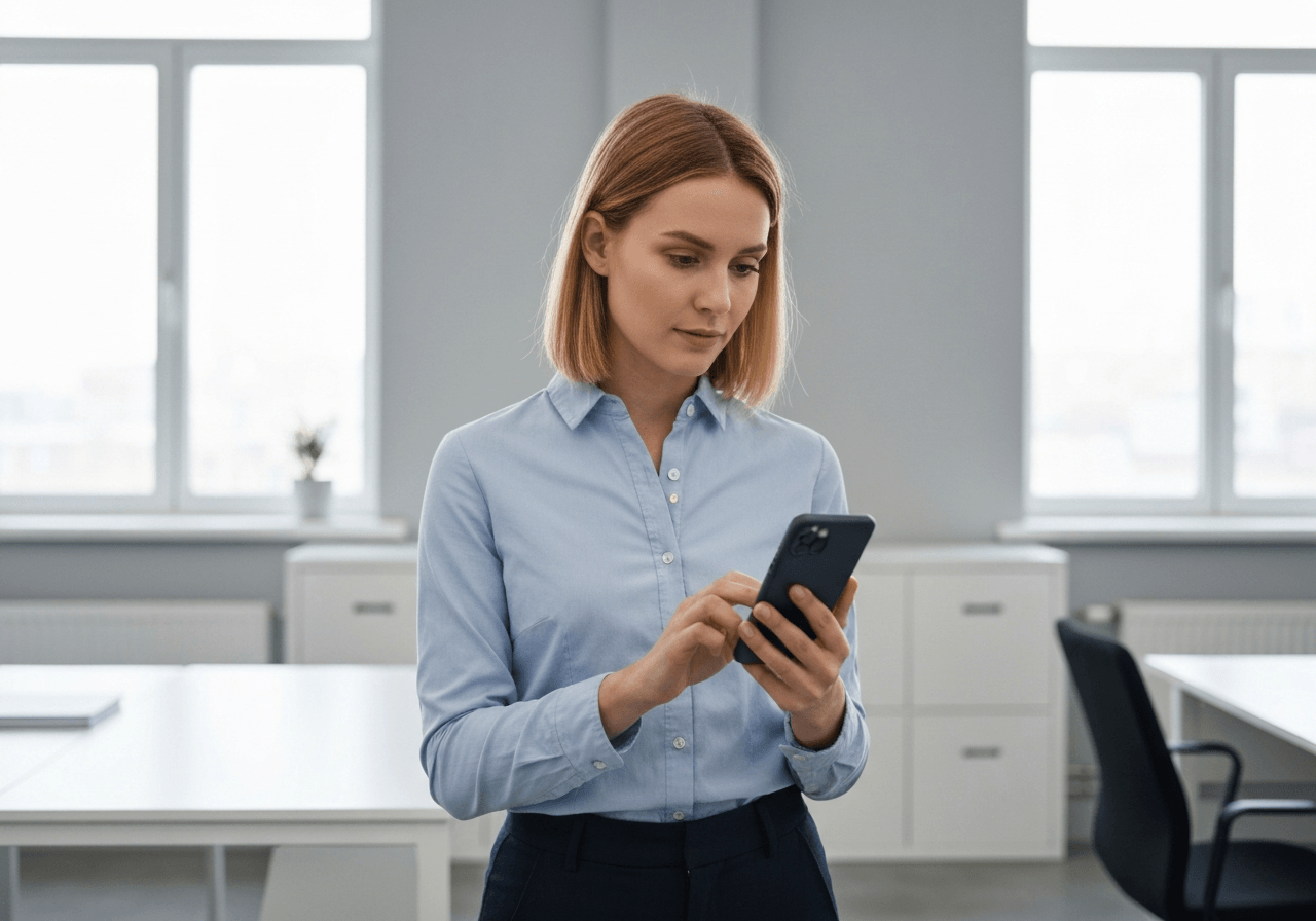 A professional logistics specialist using a smartphone to track a parcel, clean modern office background, editorial photography, soft natural light, 85mm lens, high quality, no text, no letters