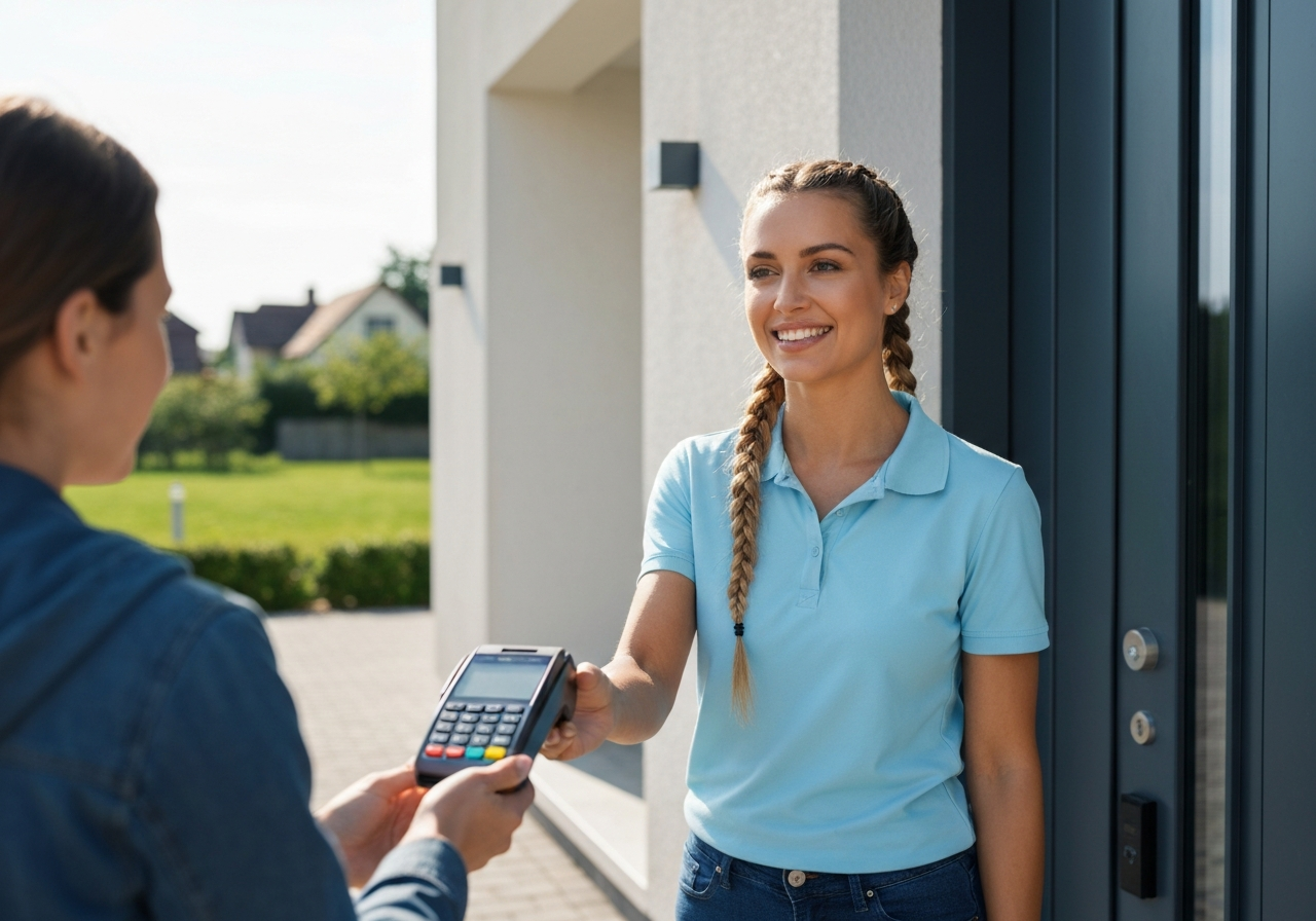 A professional delivery courier handing over a secure payment terminal to a customer at a doorstep, modern residential entrance, bright and clean aesthetic, high-end editorial photography, soft natural daylight, 85mm lens, depth of field, no text, no letters