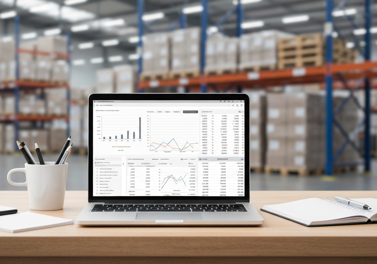 A professional accounting workspace with a laptop displaying a financial dashboard, blurred warehouse logistics background, modern premium aesthetic, soft natural light, 85mm lens, high resolution, no text, no words, no letters.