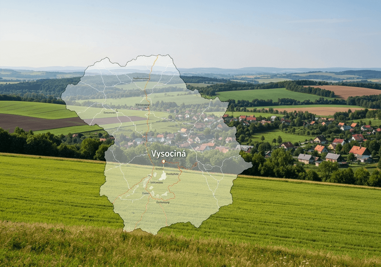 A detailed map overlaying a peaceful rural landscape of the Vysocina region, clean editorial style, soft natural light, 85mm lens, high resolution, no text, no letters