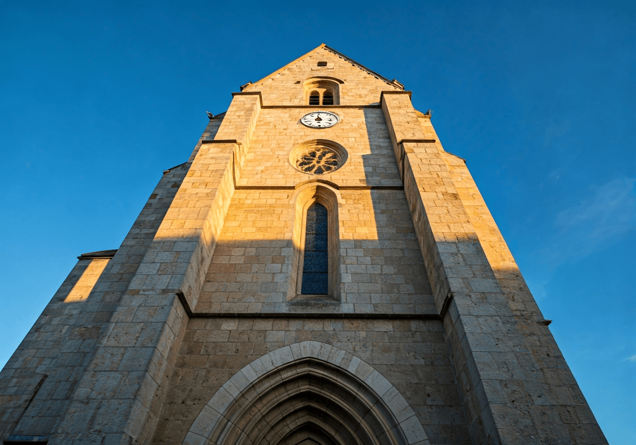 Architectural photography of the historic Saint Catherine Church in Vilemov, stone facade details, blue sky background, soft natural morning light, 85mm lens, high resolution, no text, no letters