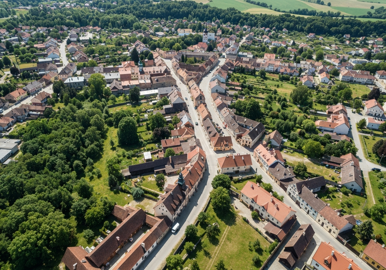 Aerial view of the historic town of Chotěšov in the Plzeň region, surrounded by lush green landscapes, bright daylight, editorial style, cinematic composition, 85mm lens, no text, no letters.
