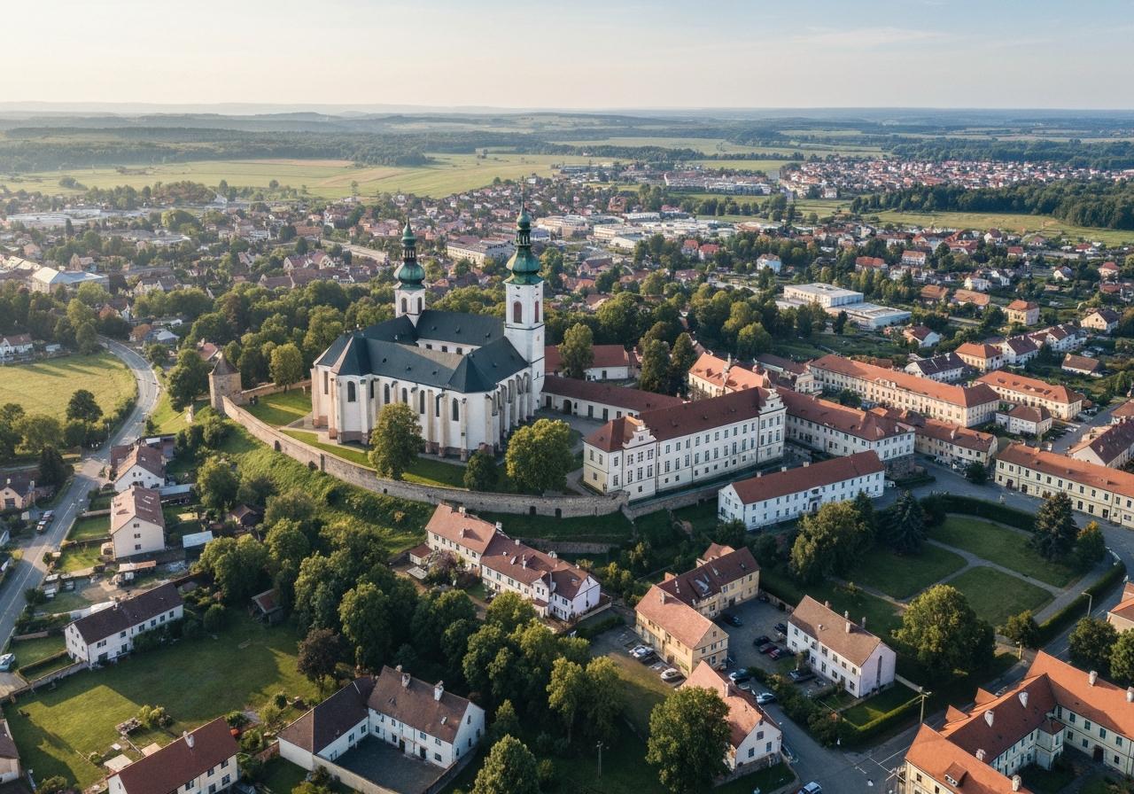 Aerial view of Chotěšov, Czech Republic, showcasing the historical monastery and modern town infrastructure, lush green surroundings, editorial photography, soft natural morning light, wide angle lens, high resolution, no text, no letters