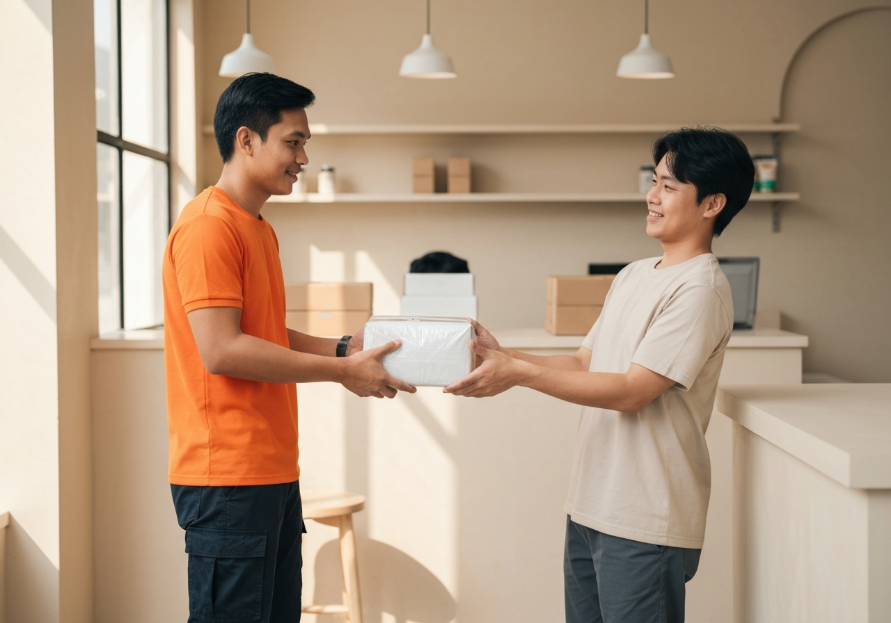 A professional delivery courier handing over a parcel to a customer in a modern, clean PPL shop environment, neutral background, editorial photography, soft natural light, 85mm lens, highly detailed, no text, no words, no letters.
