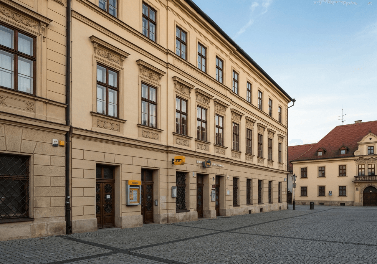 Exterior view of a historic building housing a post office in Karviná-Fryštát, cobblestone square in front, soft natural morning light, editorial photography style, 85mm lens, high resolution, no text, no letters