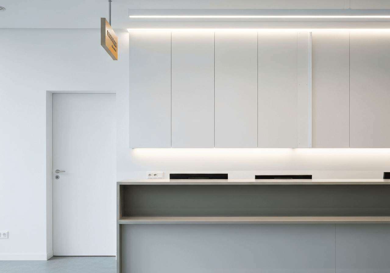 A professional, minimalist view of a modern post office service desk in Karvina with clean lines and soft lighting, architectural photography, premium quality, 85mm lens, no text, no words, no letters.