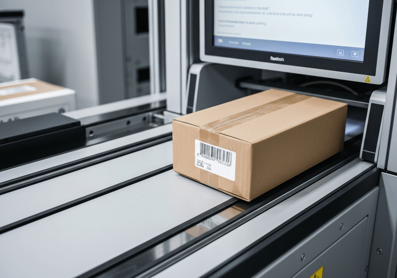 High-end logistics warehouse environment, close-up of a modern parcel being scanned for international shipping, clean industrial aesthetic, soft natural light, 85mm lens, highly detailed, no text, no letters