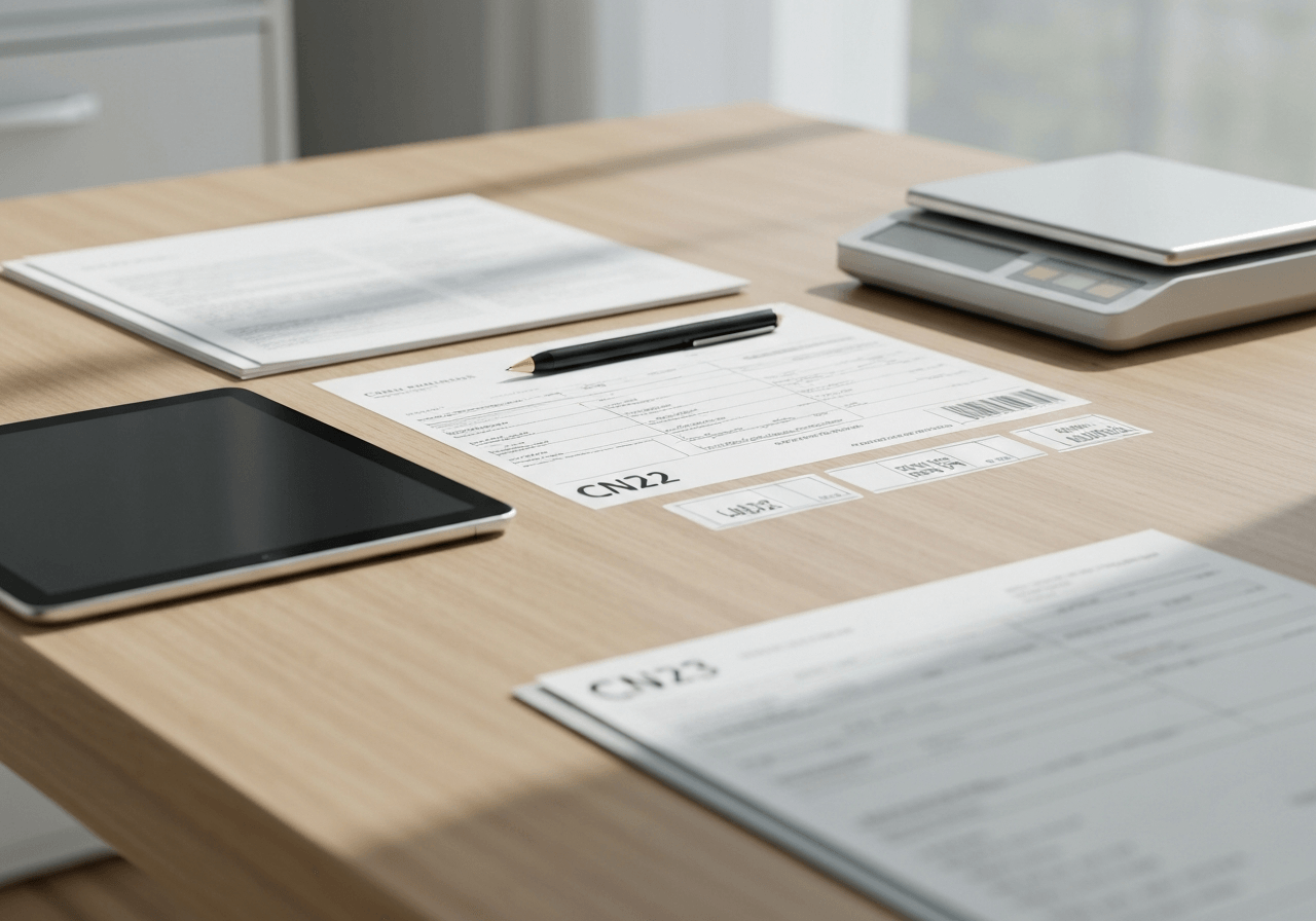 A professional logistics workspace featuring organized customs documentation, CN22 and CN23 labels, a digital tablet, and a high-quality shipping scale on a clean, minimalist wooden desk, soft natural lighting, editorial photography, 85mm lens, high resolution, no text, no letters.