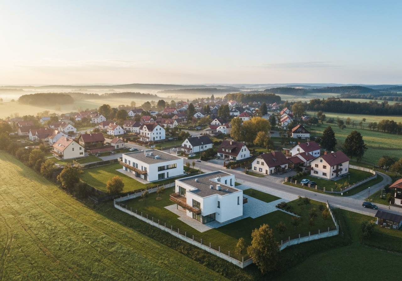 Aerial view of the Vcelna village in South Bohemia, rural landscape with clean architectural lines, soft morning natural light, high-end editorial photography, 85mm lens, sharp focus, no text, no words, no letters