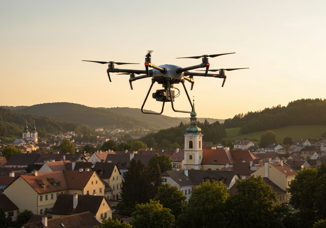 A professional logistics delivery drone flying over a scenic South Bohemian village at sunset, modern, clean, editorial photography, soft natural light, 85mm lens, high resolution, no text, no words, no letters