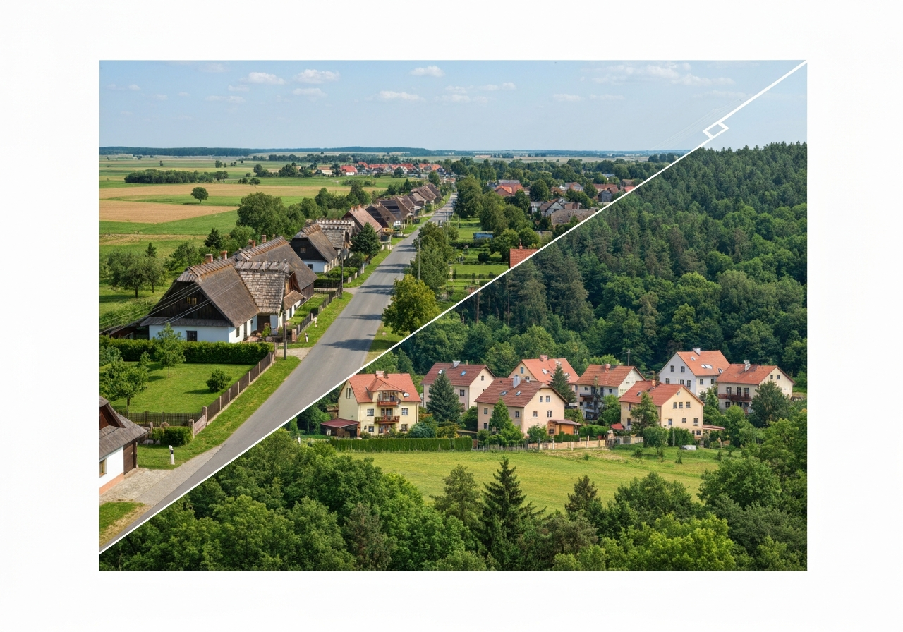 PSČ Všestary: Kompletní průvodce lokalitou (Data 2026) 2 A split composition showing two distinct Czech village landscapes, one near a flat agricultural region of Hradec Králové and another near a forested suburban area of Prague, editorial style, high resolution, soft natural daylight, 85mm lens, no text, no letters