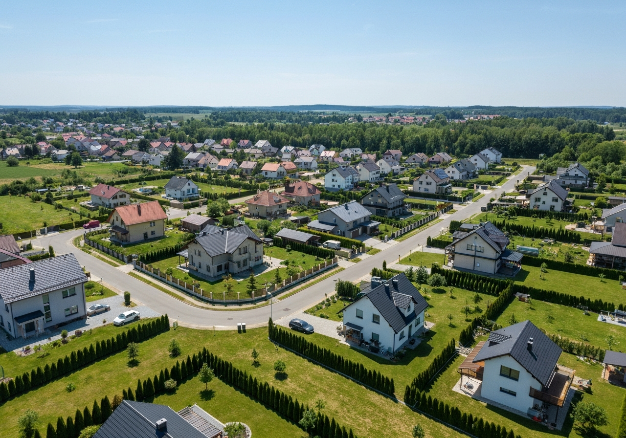 PSČ Všestary: Kompletní průvodce lokalitou (Data 2026) 3 Aerial view of a modern residential area in Všestary, Central Bohemian Region, quiet streets with contemporary family houses, lush green gardens, bright sunny day, editorial photography, high angle, 85mm lens, sharp focus, no text, no words, no letters.