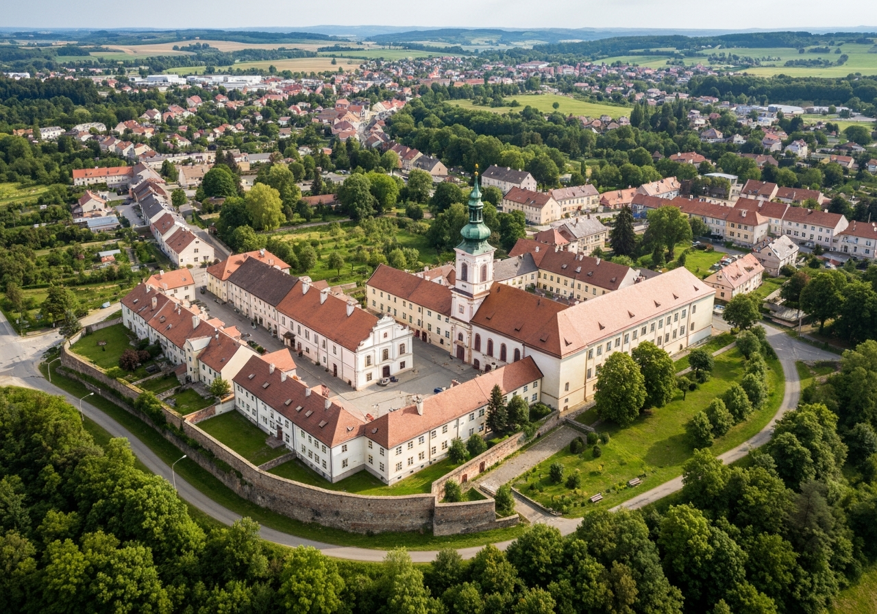 Aerial view of the town of Dolni Bousov in the Czech Republic, lush greenery surrounding the historical town center, modern architectural photography, cinematic lighting, 85mm lens, high resolution, no text, no letters