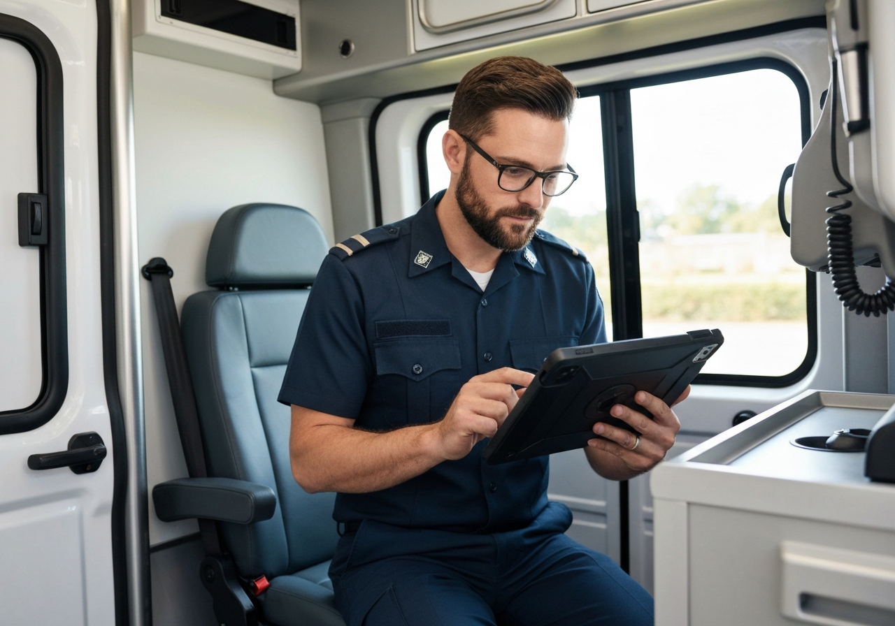 A professional paramedic checking a GPS navigation tablet inside a modern ambulance, clean interior, editorial photography, soft natural light, 85mm lens, highly detailed, no text, no letters