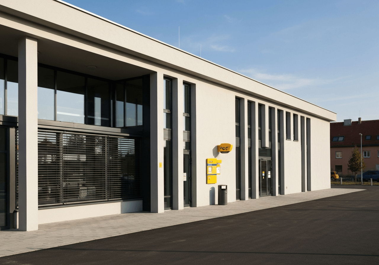 Exterior view of a modern post office building in Czech Republic, clean architecture, sunny day, soft natural light, 85mm lens, high resolution, no text, no words, no letters
