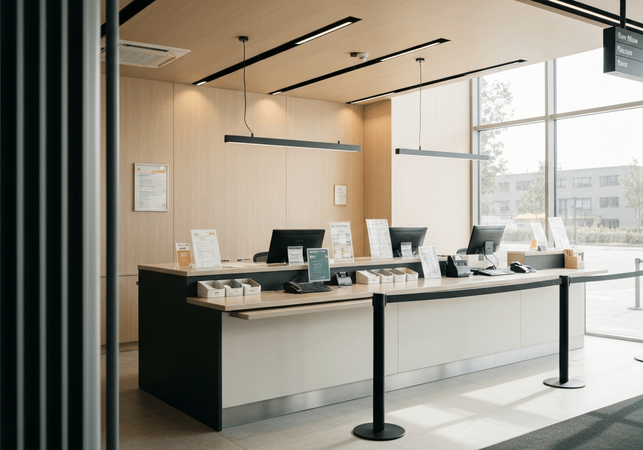 A professional interior of a modern post office service desk, clean minimalist design, organized queue area, soft natural light, 85mm lens, editorial style, no text, no words, no letters