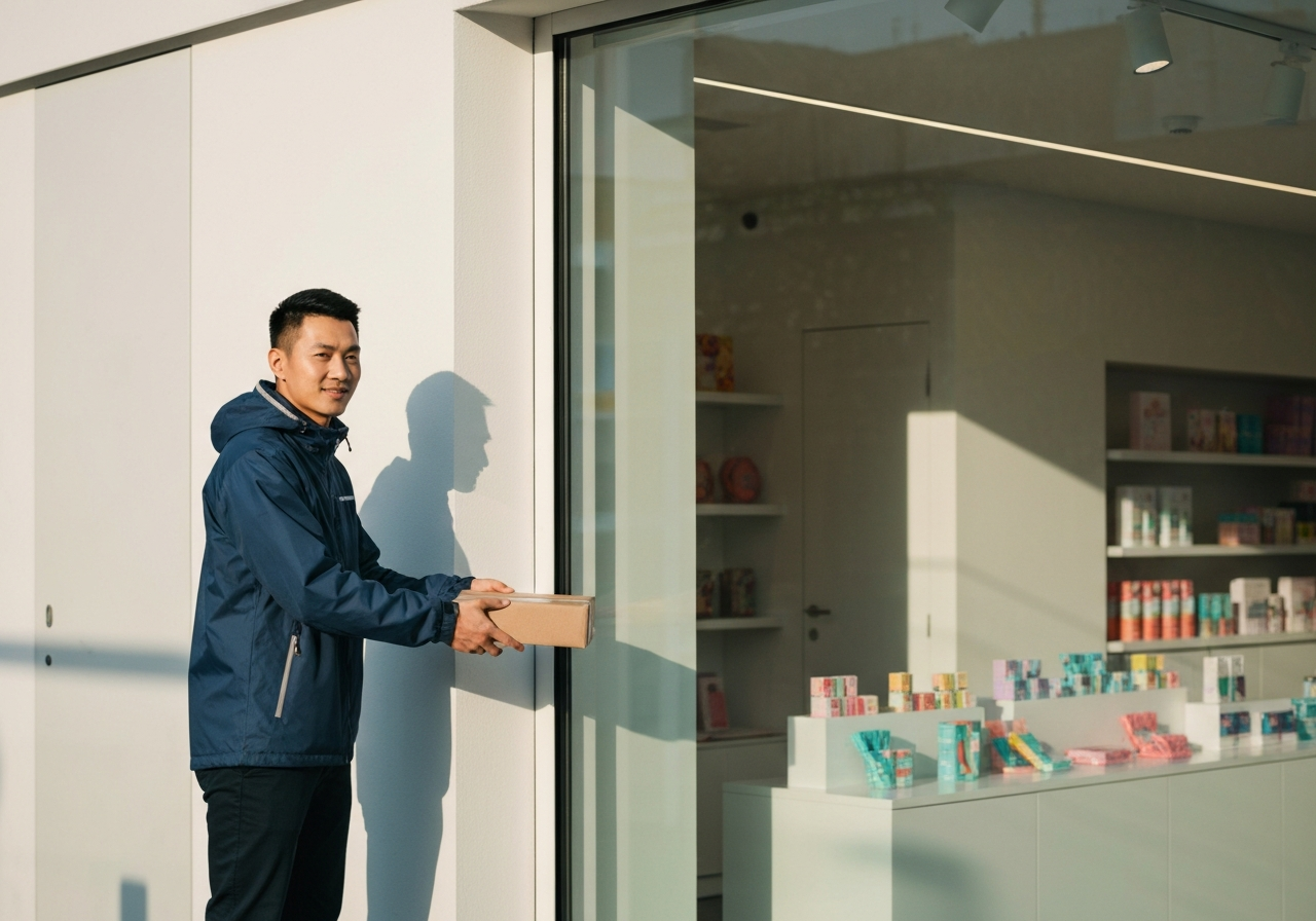 A professional delivery courier handing over a parcel at a modern, clean retail storefront in Beroun, soft natural sunlight, cinematic atmosphere, editorial photography style, 85mm lens, high resolution, no text, no words, no letters.