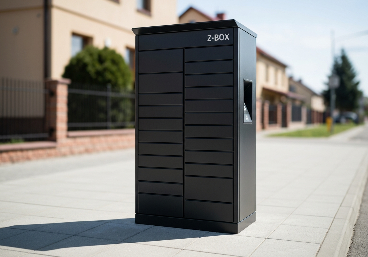 A sleek, modern Z-BOX automated parcel locker standing on a clean sidewalk in a residential area of Plzeň-Slovany, bright daylight, editorial photography, architectural minimalism, 85mm lens, high resolution, no text, no words, no letters.