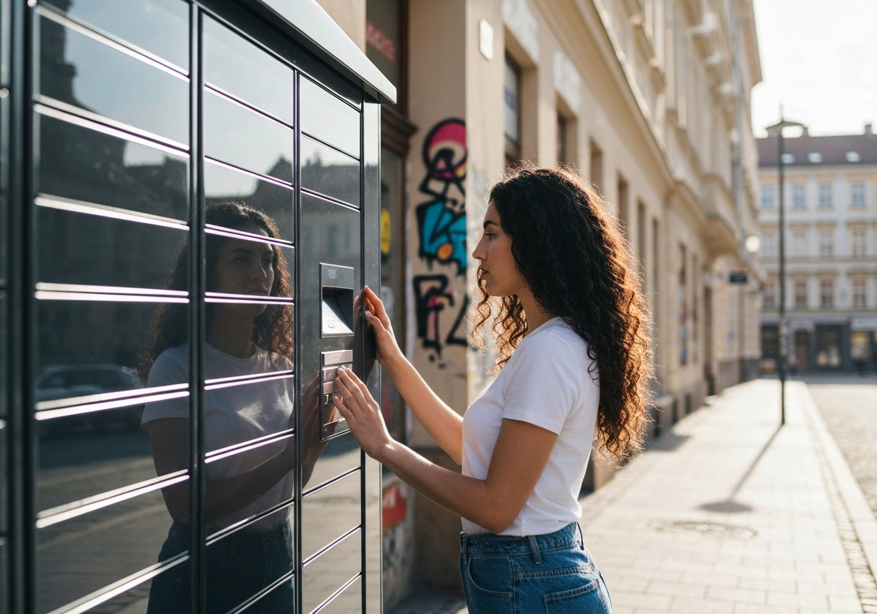 A person standing in front of a modern, sleek parcel locker in a sunlit urban setting of Plzeň, editorial photography style, soft natural light, shallow depth of field, 85mm lens, highly detailed, no text, no words, no letters.