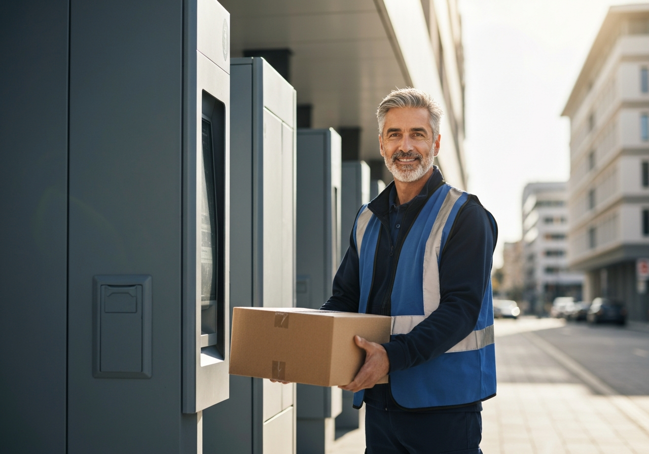 A professional delivery courier handing over a parcel at a modern, clean PPL pickup point, urban setting with natural sunlight, minimalist aesthetic, editorial photography, 85mm lens, high quality, no text, no words, no letters