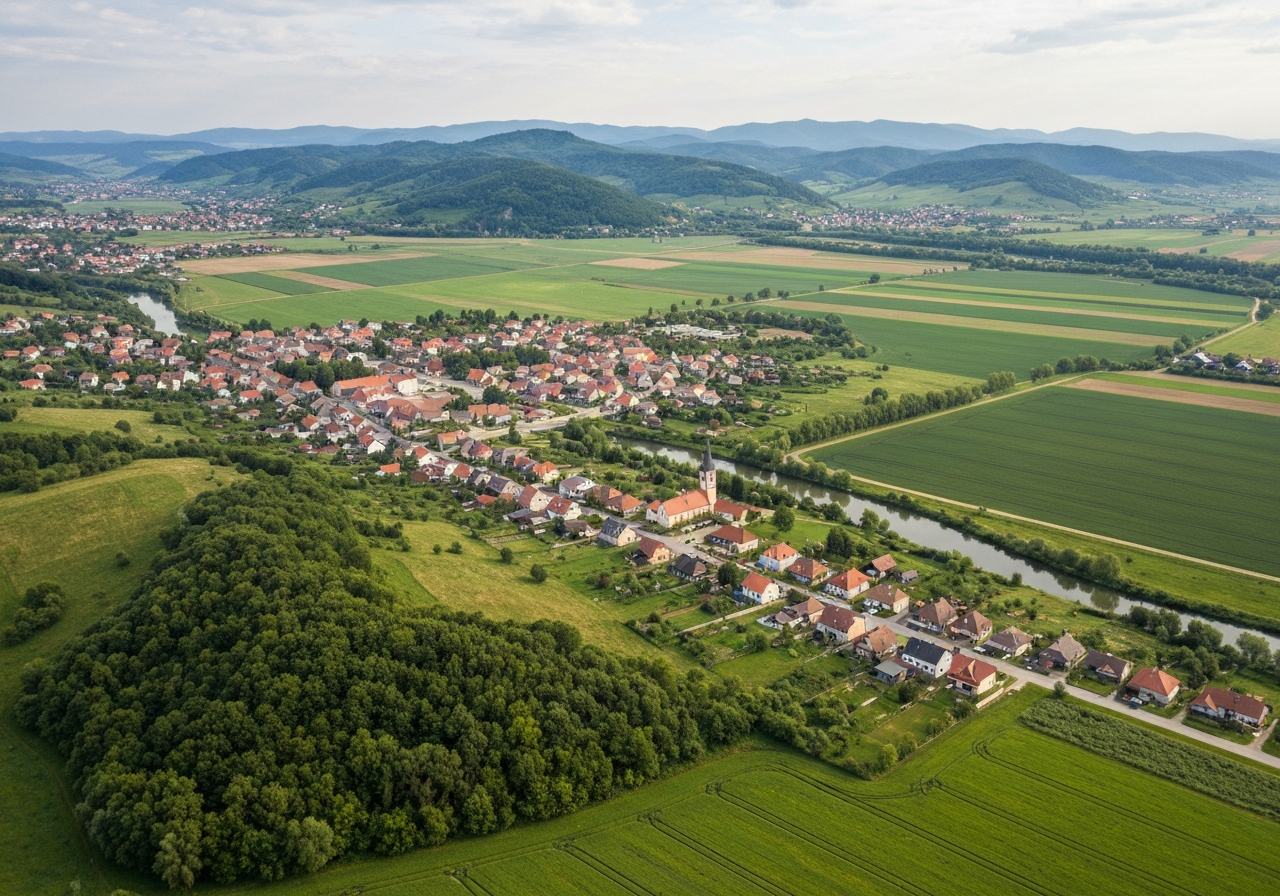 Aerial view of the scenic village of Žitavany nestled in a green valley, surrounding agricultural fields and rolling hills of the Nitra region, modern editorial photography, soft natural light, 85mm lens, high resolution, no text, no letters