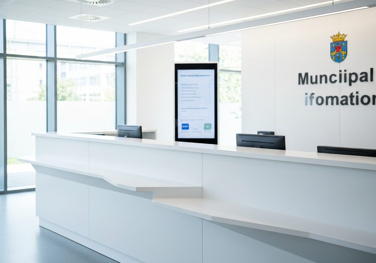 A professional, modern municipal office front desk in a bright, minimalist interior, with a digital information display in the background, clean lines, editorial photography style, soft natural light, 85mm lens, high resolution, no text, no letters