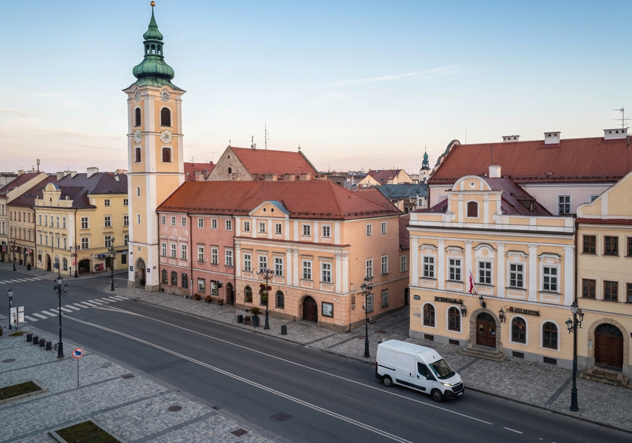 Aerial view of Svitavy town square with historic architecture, modern delivery van driving on a clean road, soft natural light, editorial photography, 85mm lens, highly detailed, no text, no letters