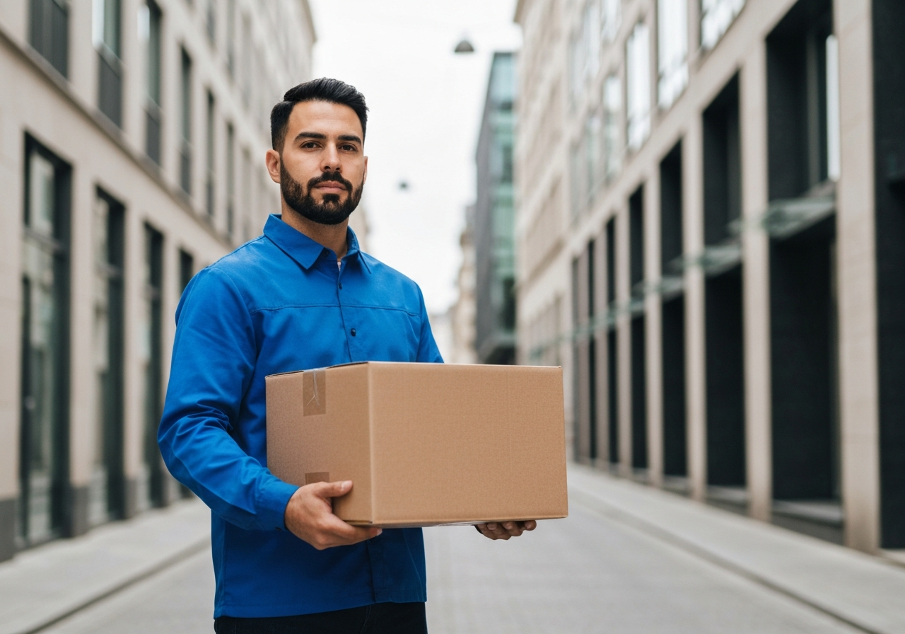 A professional logistics delivery person holding a cardboard parcel in front of a modern European city street, editorial photography, crisp focus, soft natural light, 85mm lens, high quality, no text, no words, no letters